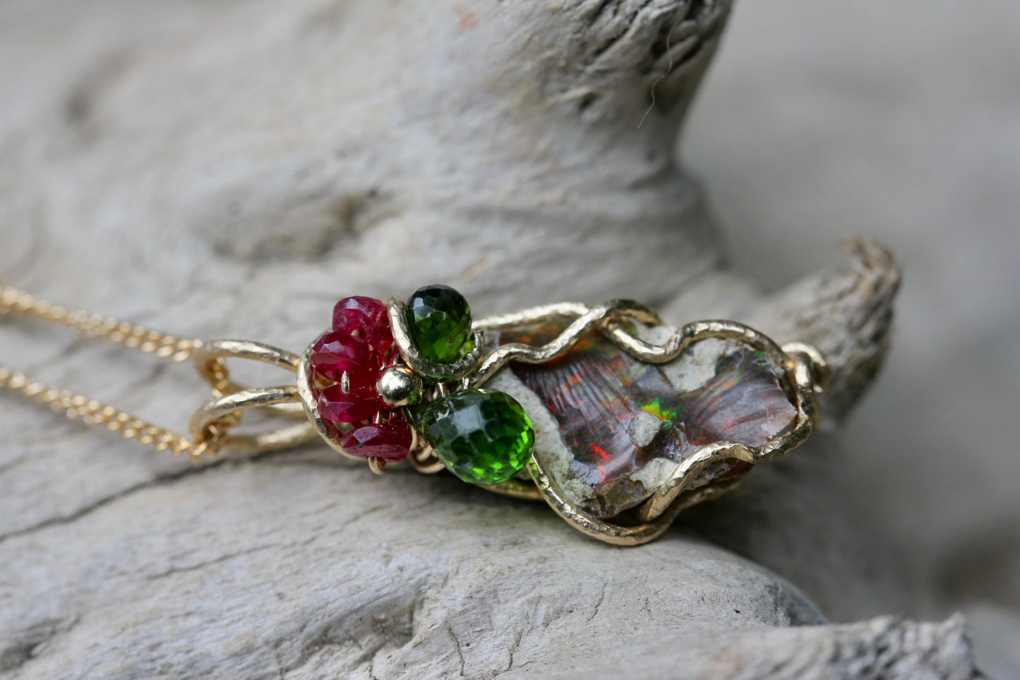 Opal Ruby Diopside Gold Necklace