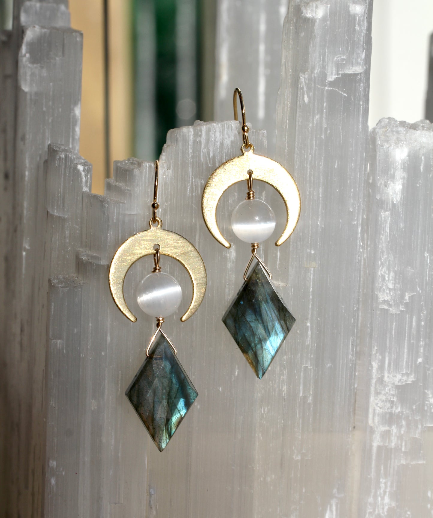 Labradorite Selenite Brass Moon Earrings