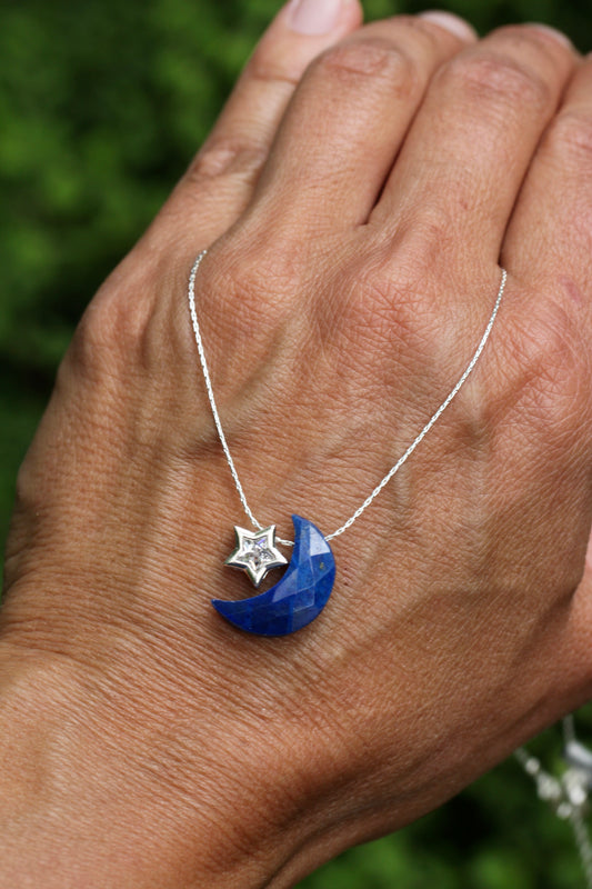 Lapis Moon CZ Silver Necklace