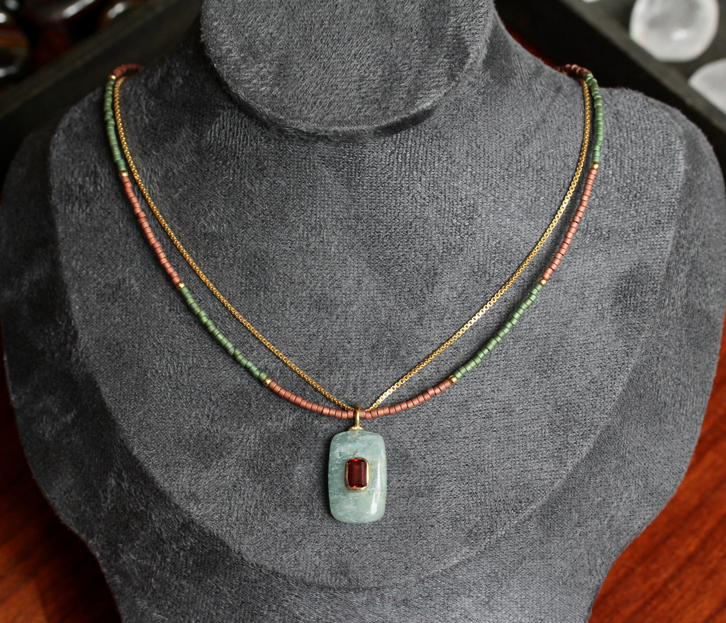 Aquamarine Garnet Beaded Gold Necklace