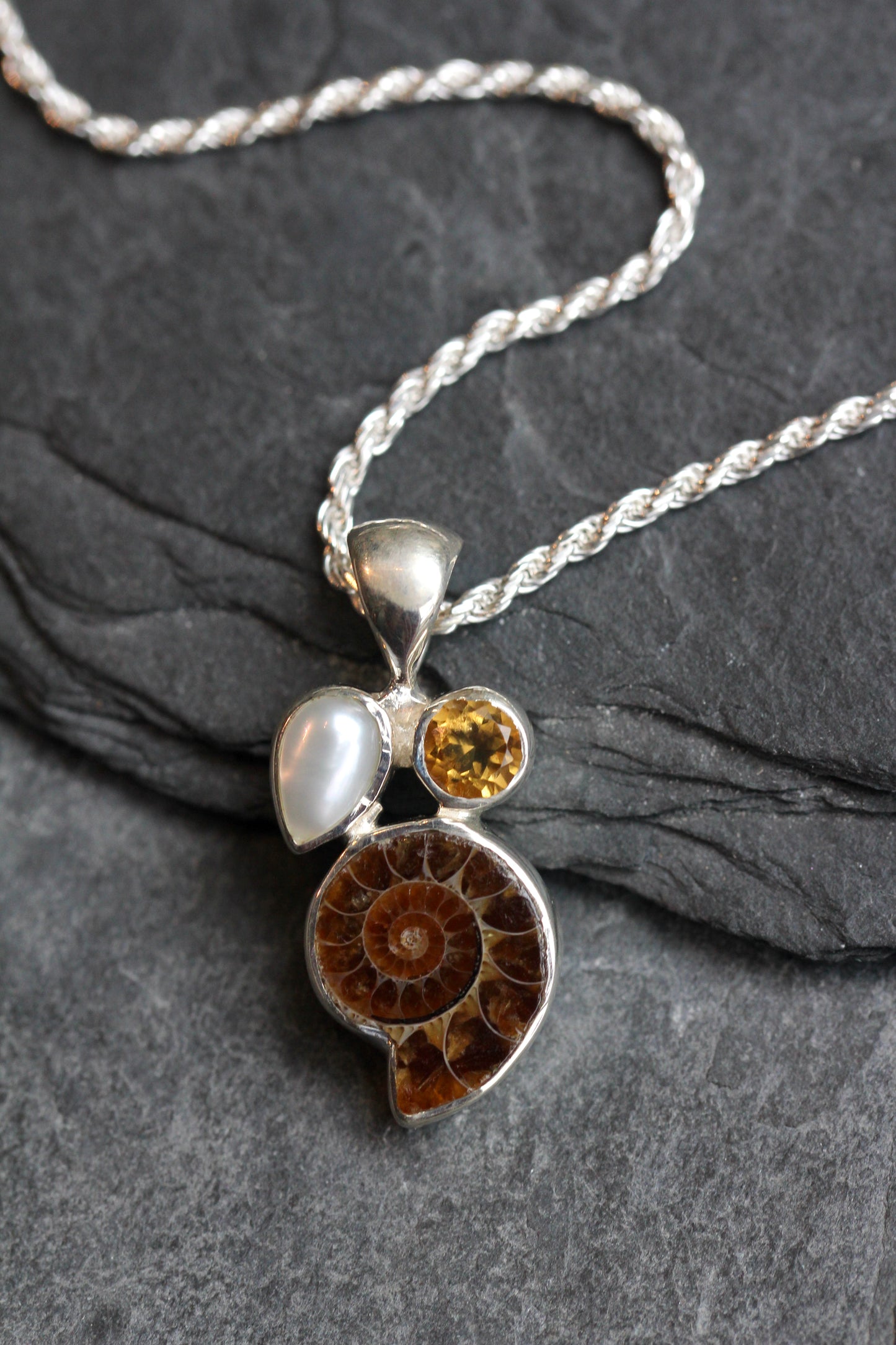 Ammonite Fossil Citrine Pearl Necklace