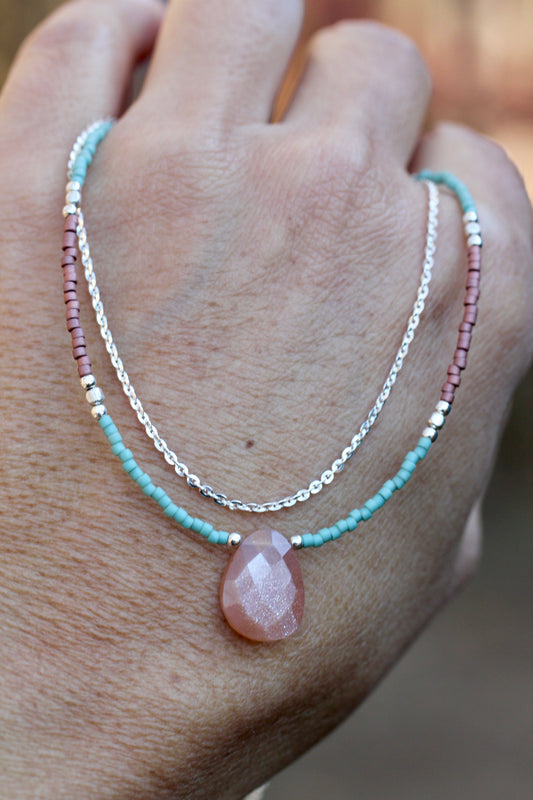 Peach Moonstone Delica Glass Bead Silver Necklace