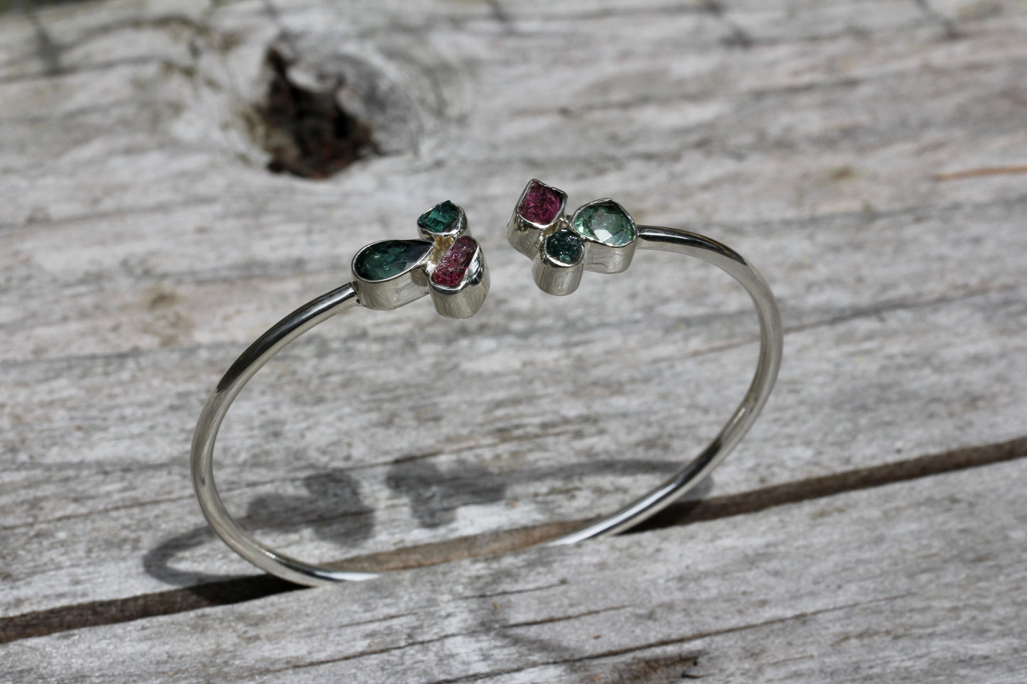 Indicolite and Pink Tourmaline Cluster Silver Bracelet