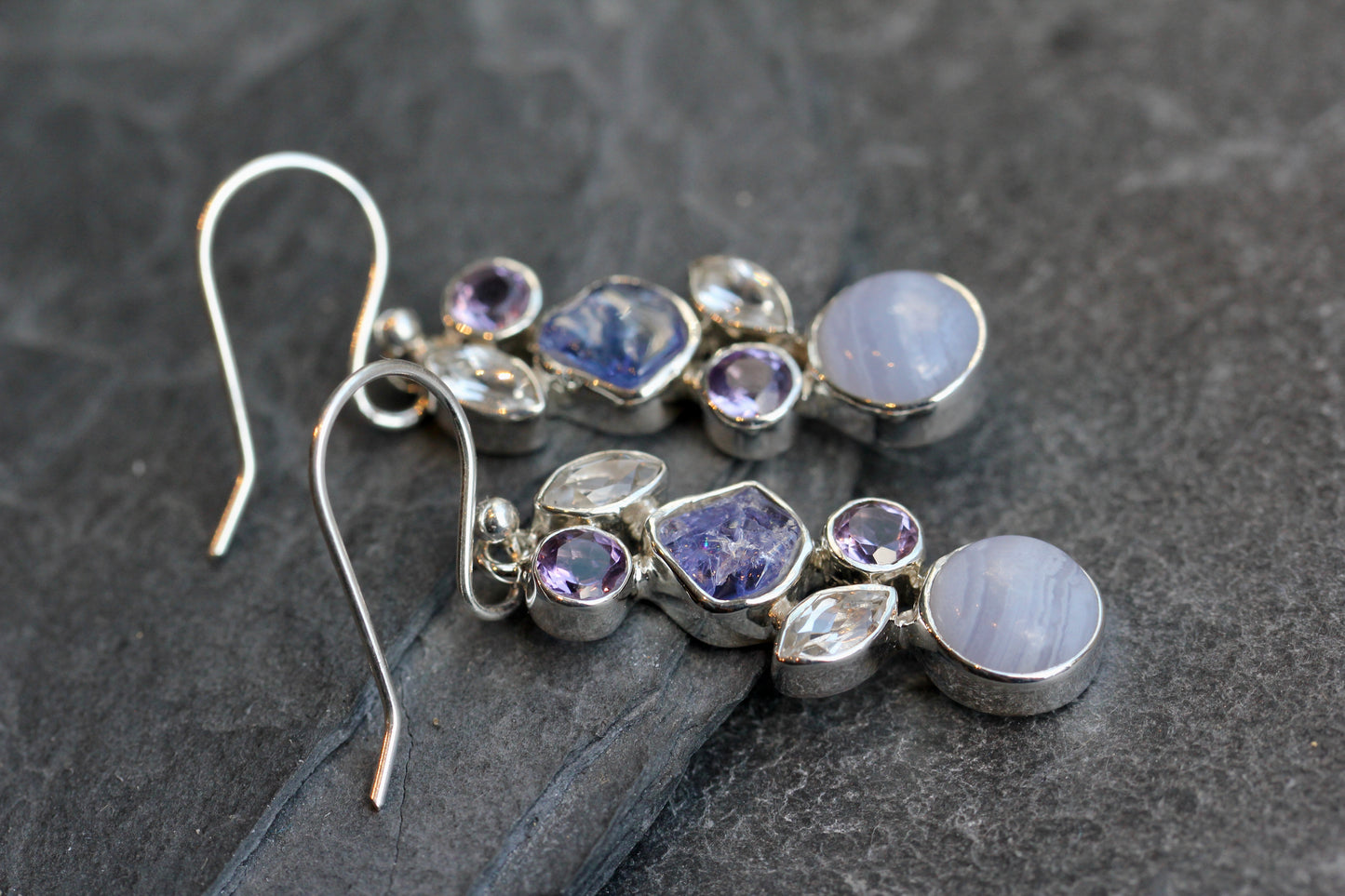 Blue Lace Agate Tanzanite Amethyst White Topaz Earrings