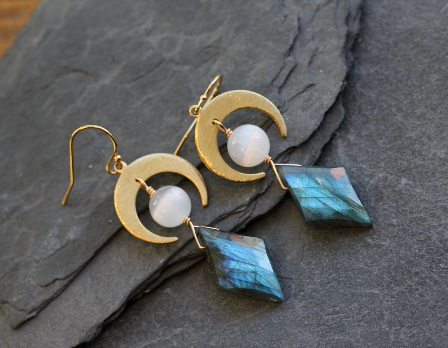 Labradorite Selenite Brass Moon Earrings