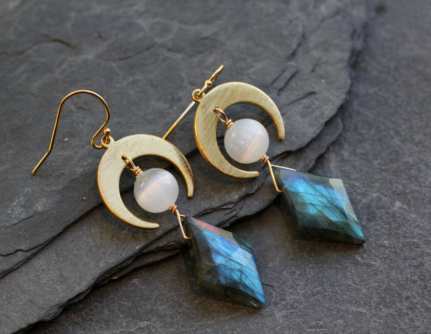 Labradorite Selenite Brass Moon Earrings