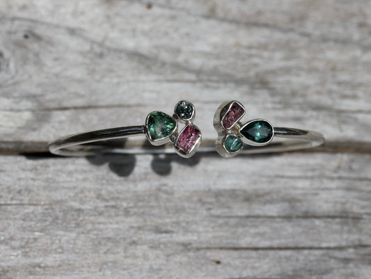 Indicolite and Pink Tourmaline Cluster Silver Bracelet