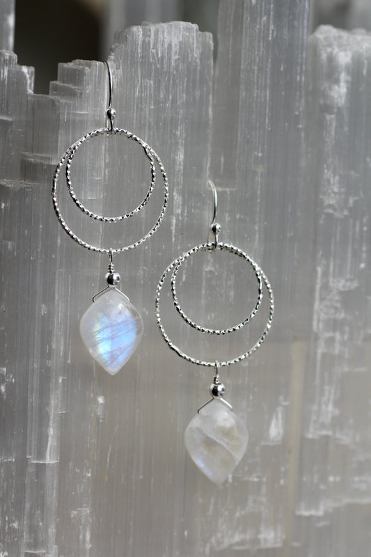 Rainbow Moonstone Double Ring Drop Earrings