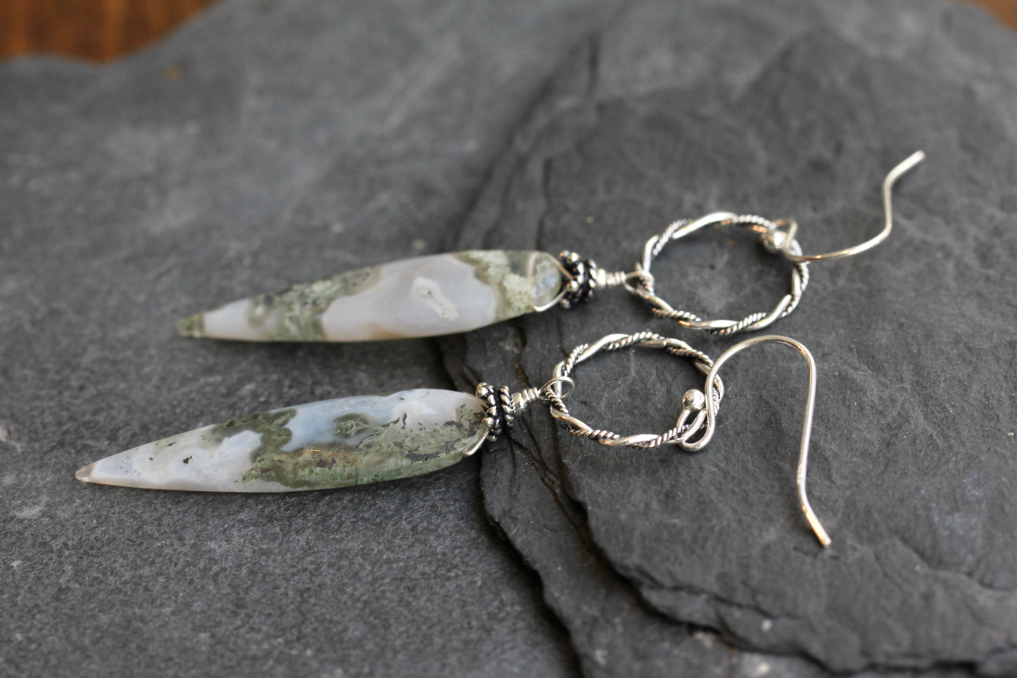 Moss Agate Long Ring Drop Earrings