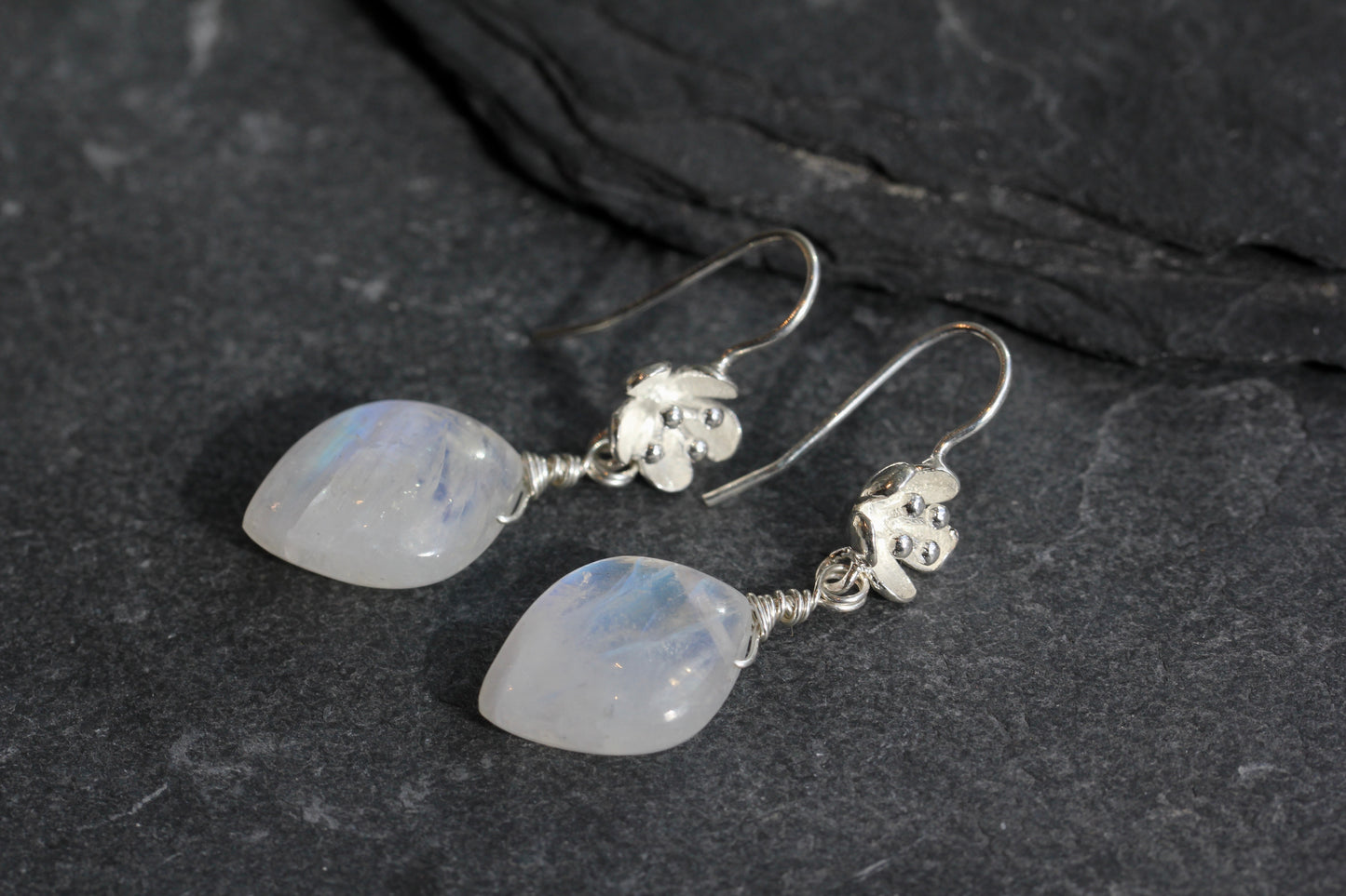 Rainbow Moonstone Flower Drop Earrings