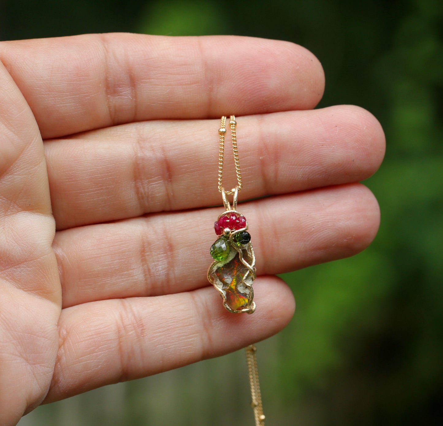 Opal Ruby Diopside Gold Necklace