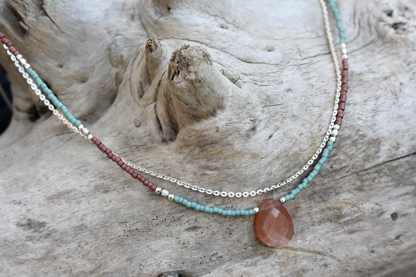 Peach Moonstone Delica Glass Bead Silver Necklace