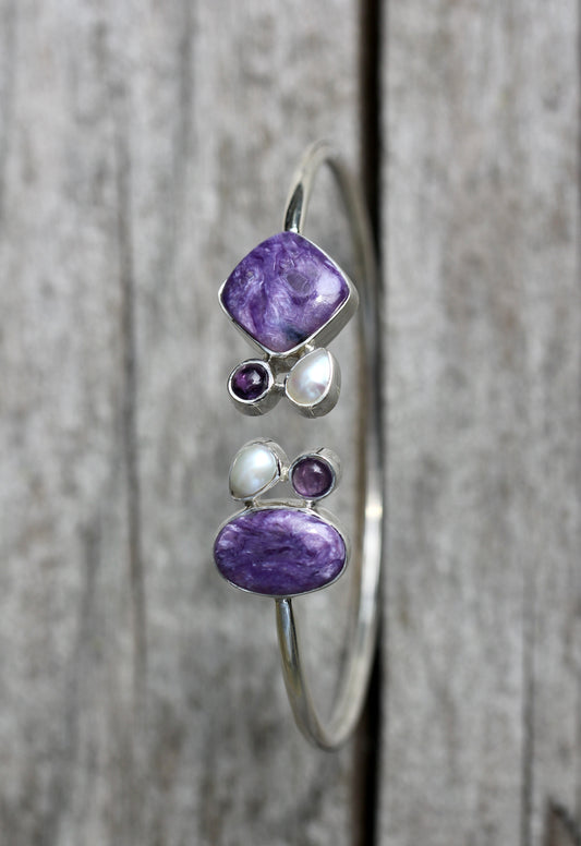 Charoite Pearl Amethyst Silver Flex Bracelet