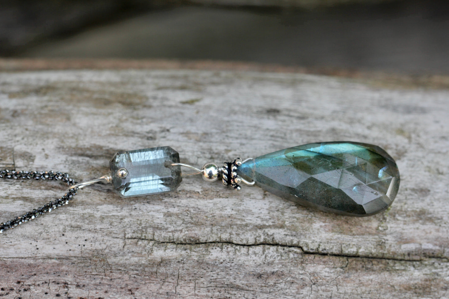 Labradorite Aquamarine Oxidized Silver Necklace