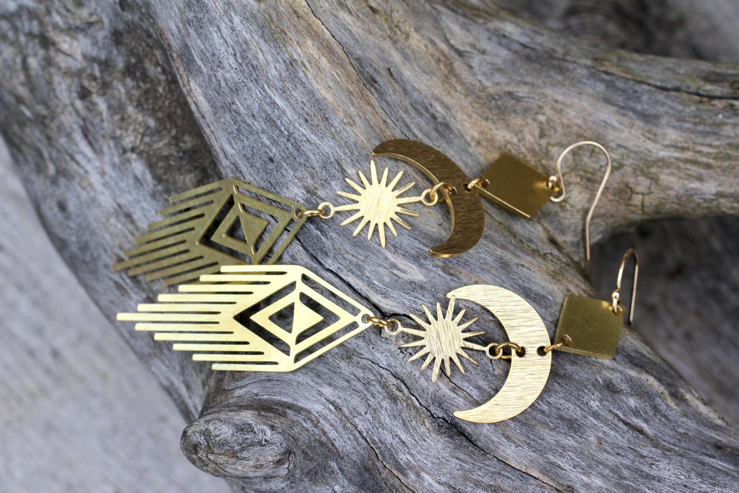 Brass Moon Sun Fringe Earrings