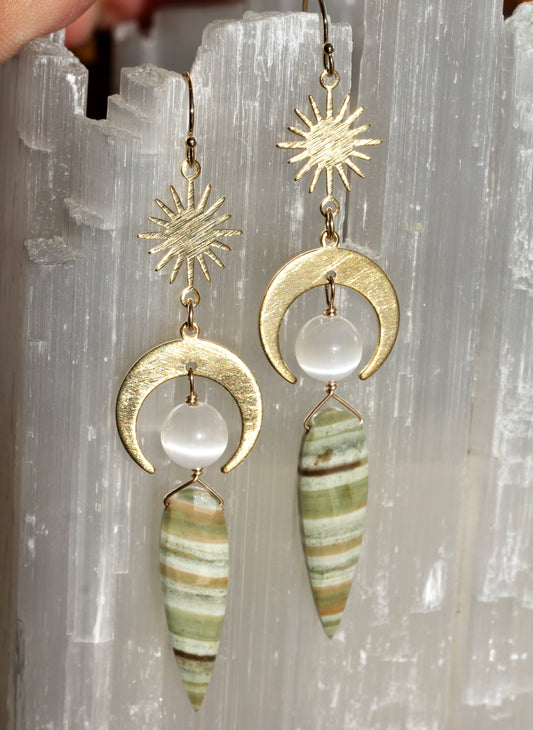 Green Opal Selenite Brass Moon and Star Earrings