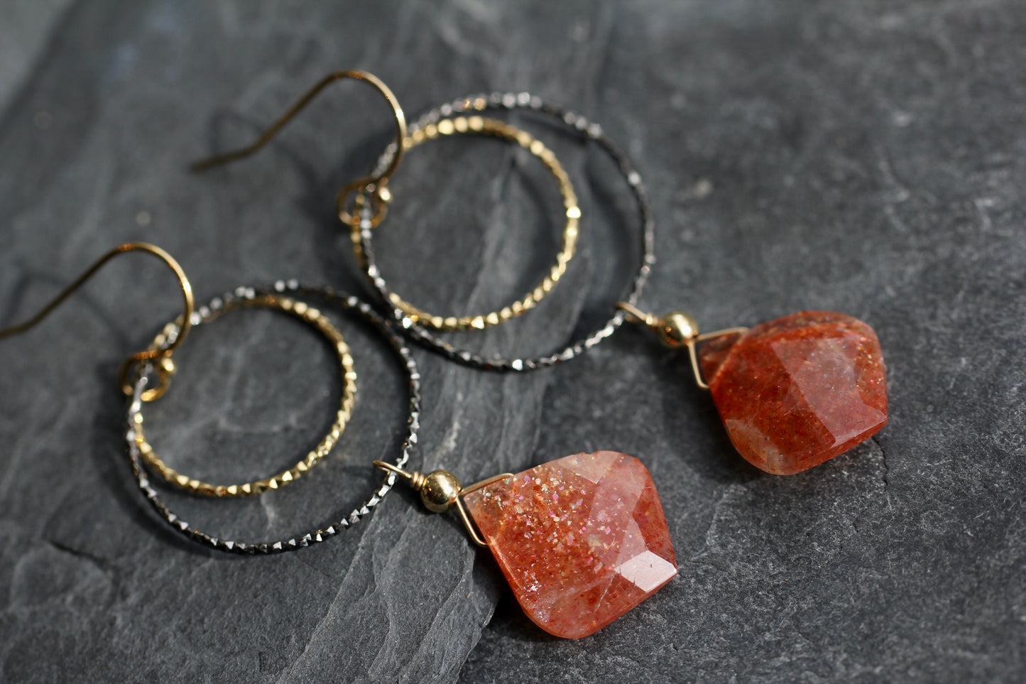 Sunstone Black and Gold Double Ring Drop Earrings