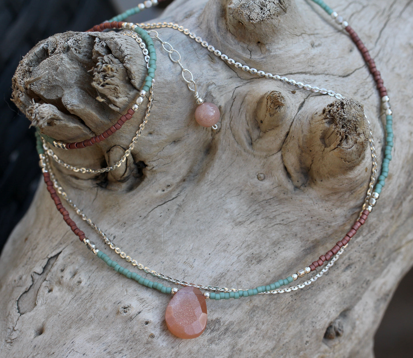 Peach Moonstone Delica Glass Bead Silver Necklace