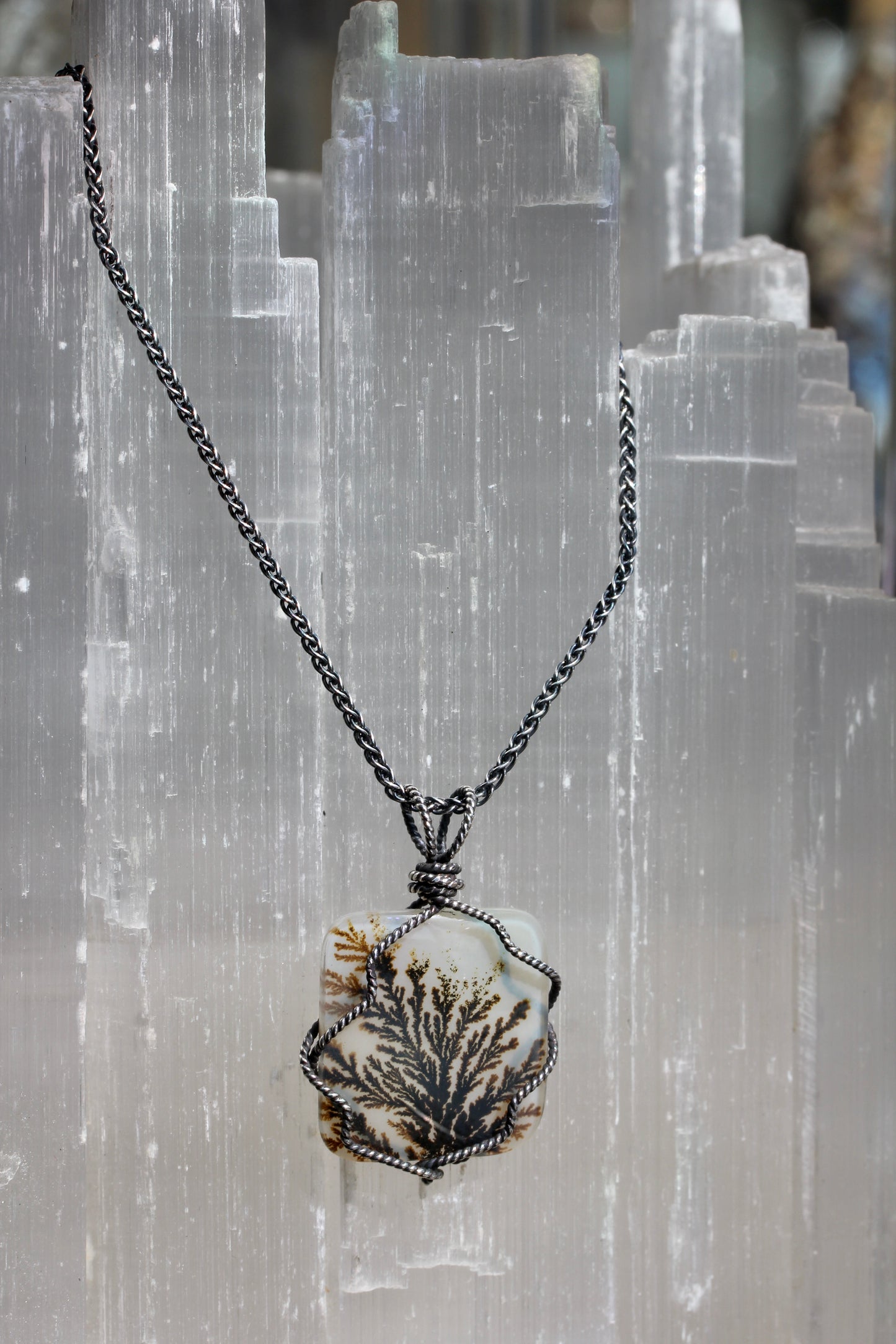 Dendritic Agate Silver Wrap Necklace