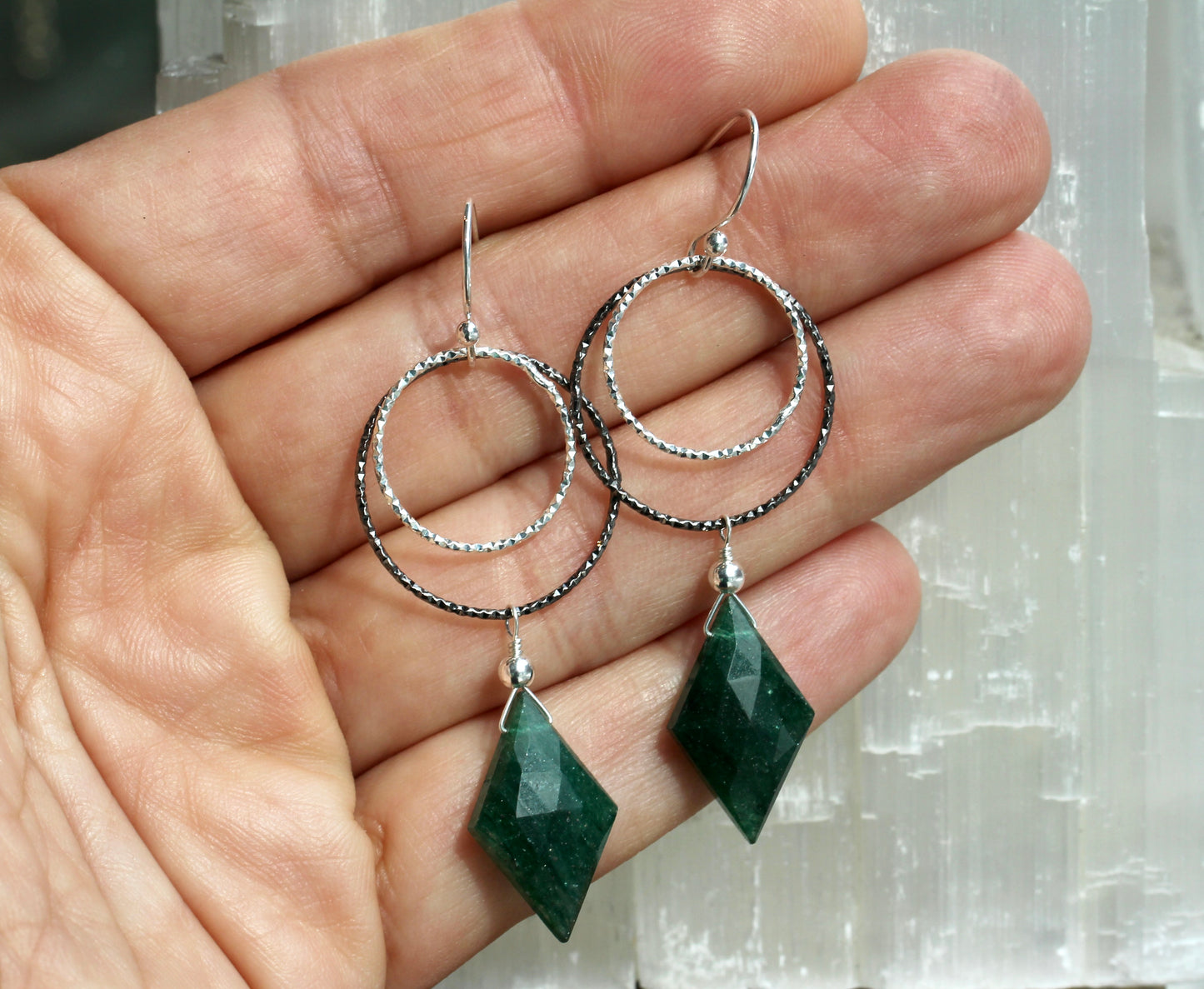 Green Aventurine Diamond Cut Double Ring Drop Earrings