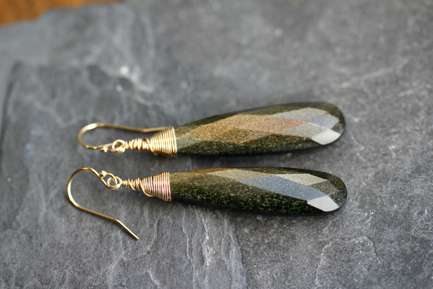 Gold Sheen Obsidian Long Teardrop Earrings