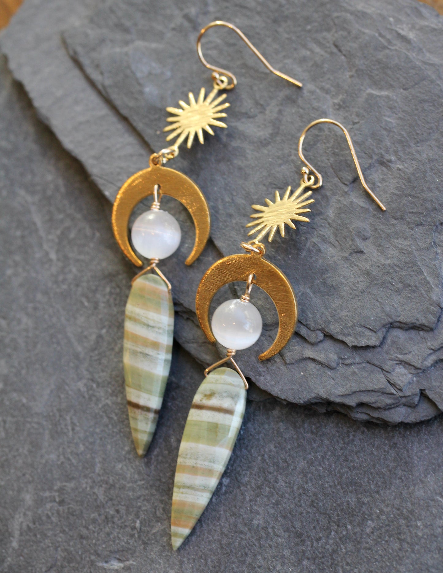 Green Opal Selenite Brass Moon and Star Earrings