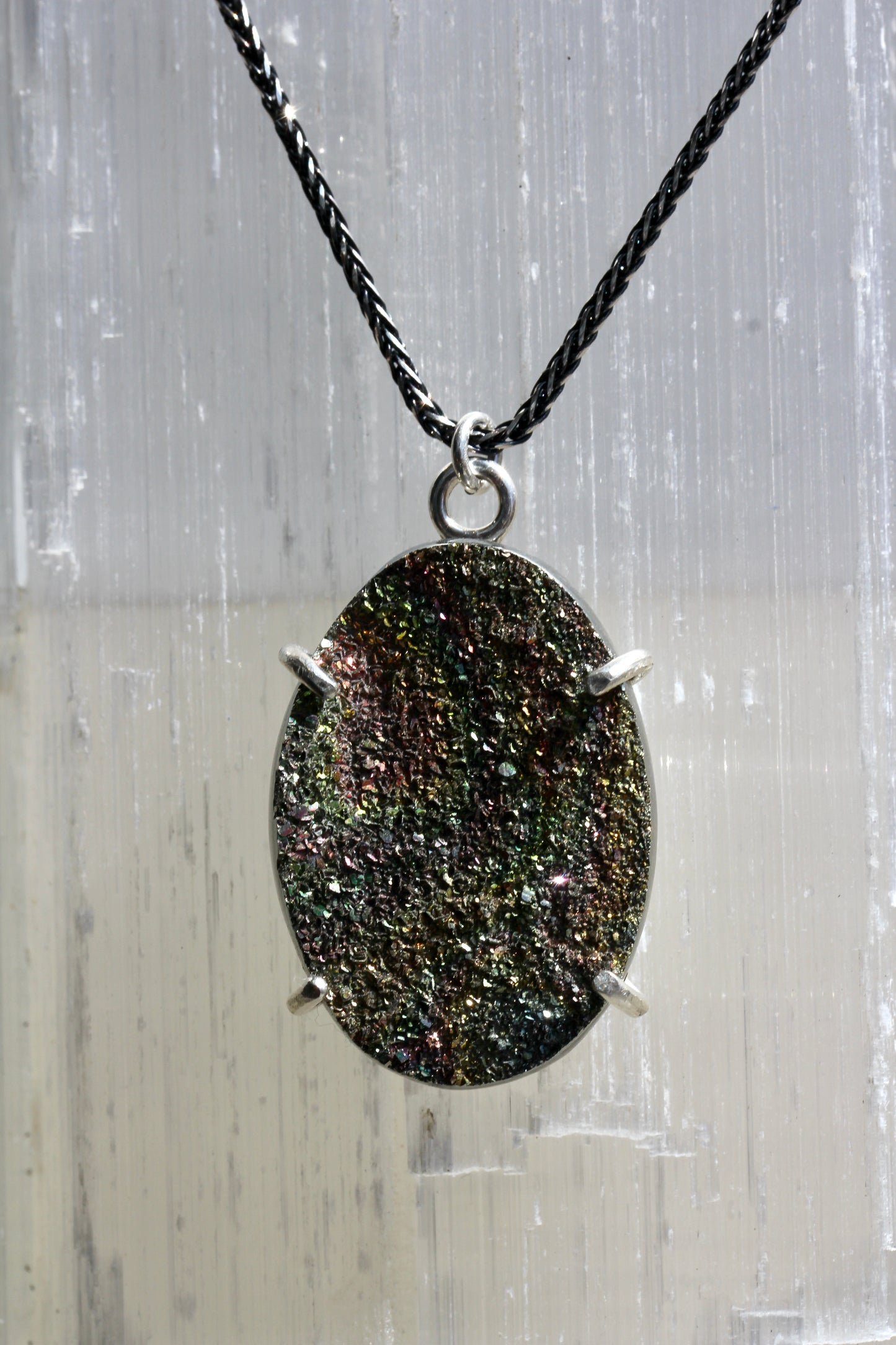 Rainbow Pyrite Oval Pendant Necklace