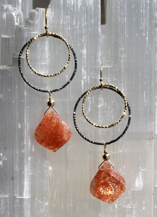 Sunstone Black and Gold Double Ring Drop Earrings