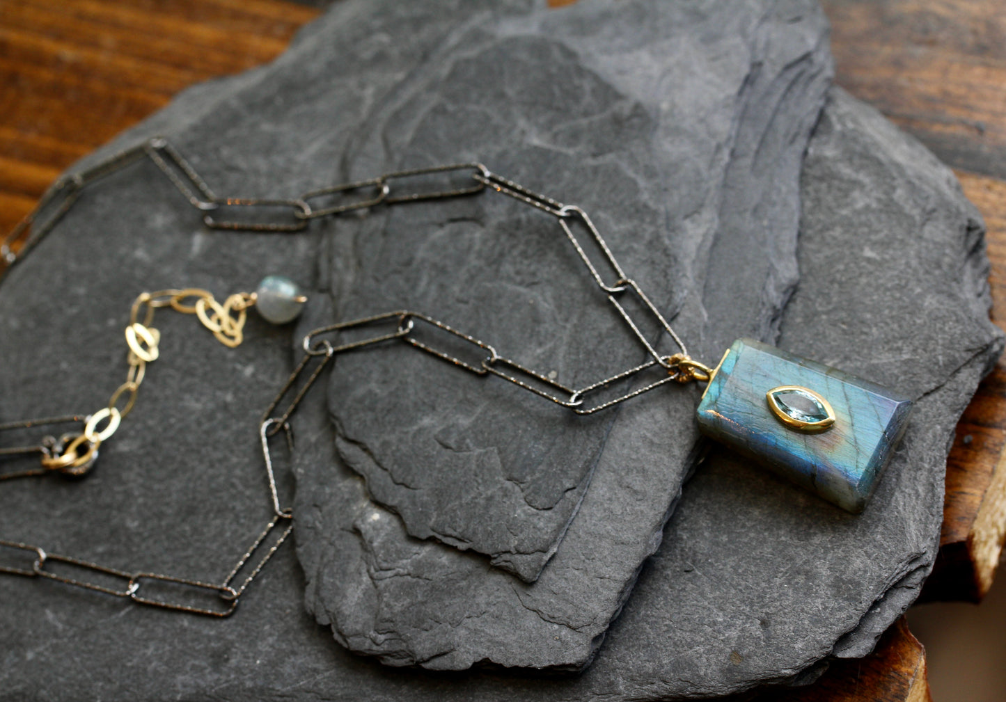 Labradorite Blue Topaz Encrusted Paperclip Chain Necklace