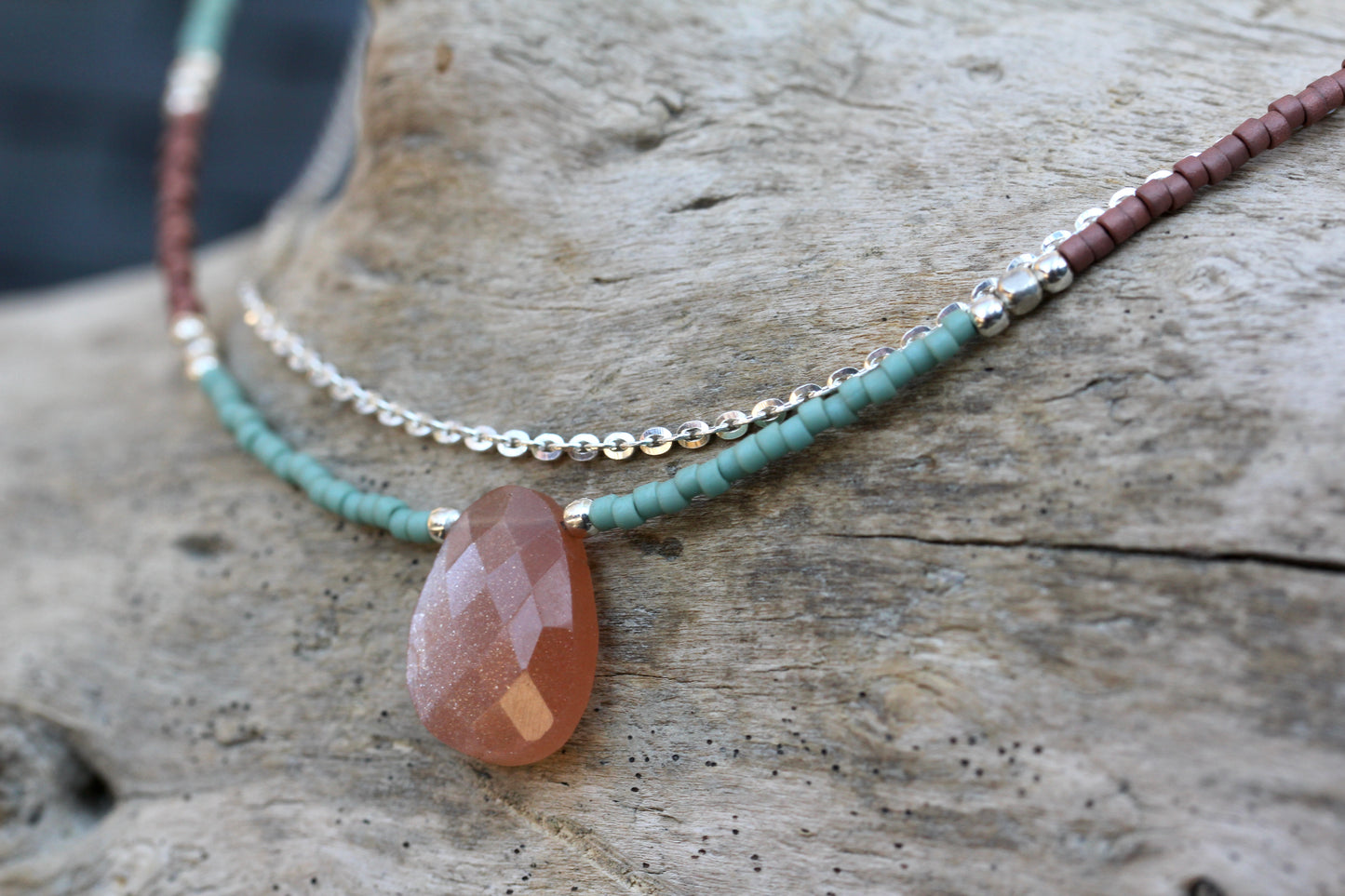 Peach Moonstone Delica Glass Bead Silver Necklace