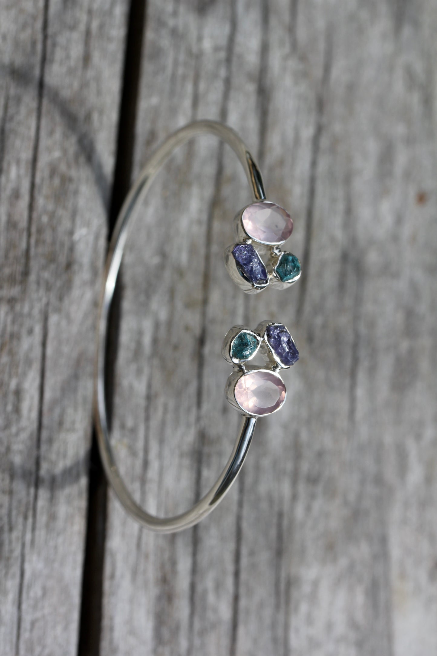 Rose Quartz Tanzanite Apatite Silver Flex Bracelet