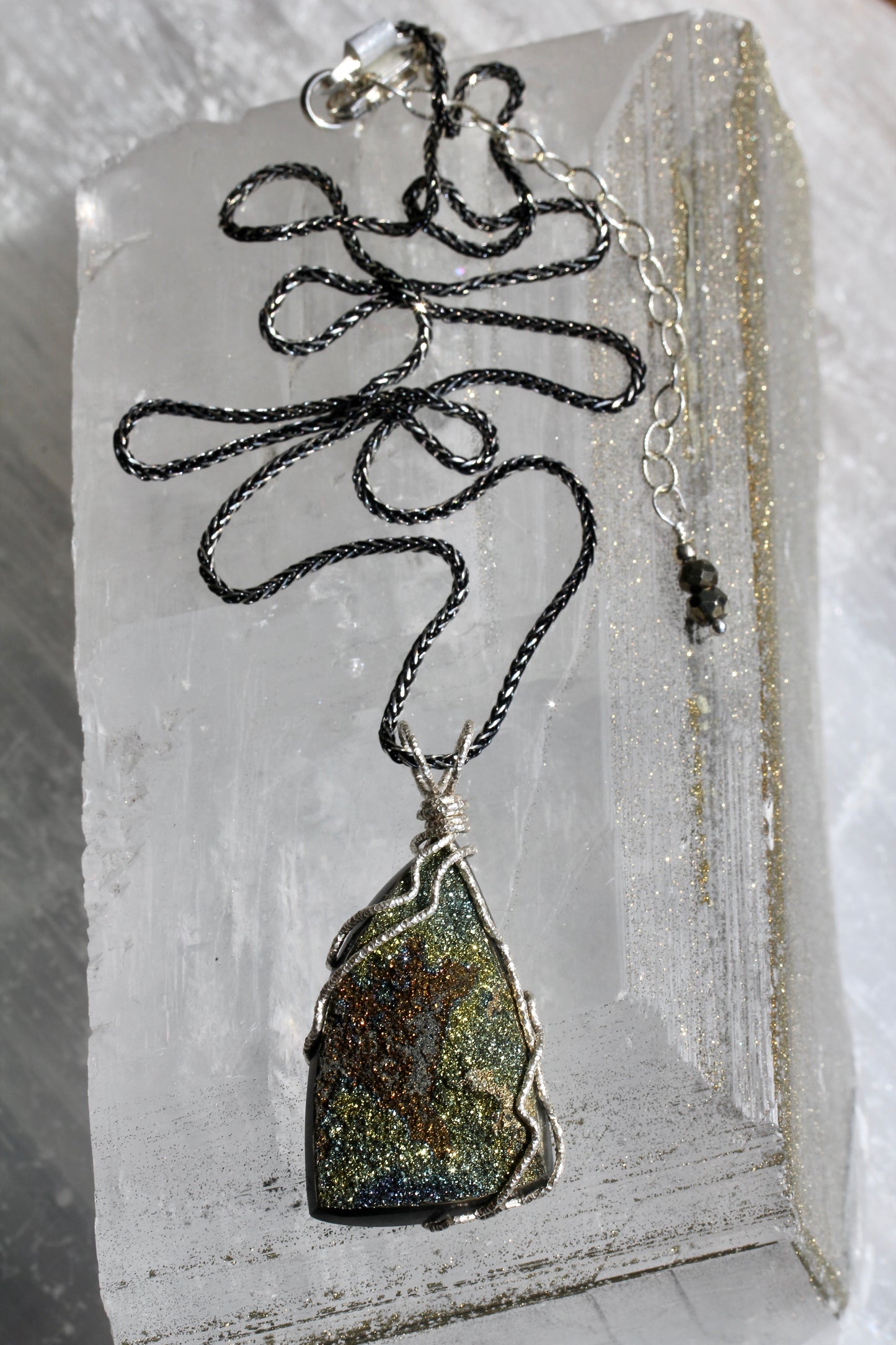 Rainbow Pyrite Freeform Silver Wrap Pendant