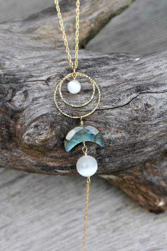 Labradorite Selenite Moon Goddess Gold Necklace