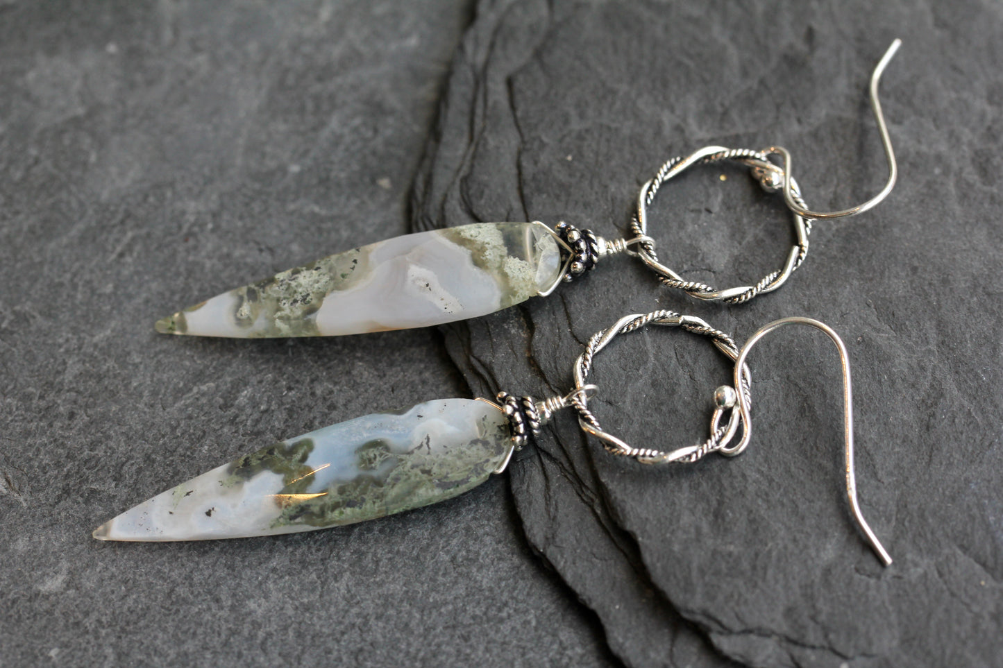 Moss Agate Long Ring Drop Earrings