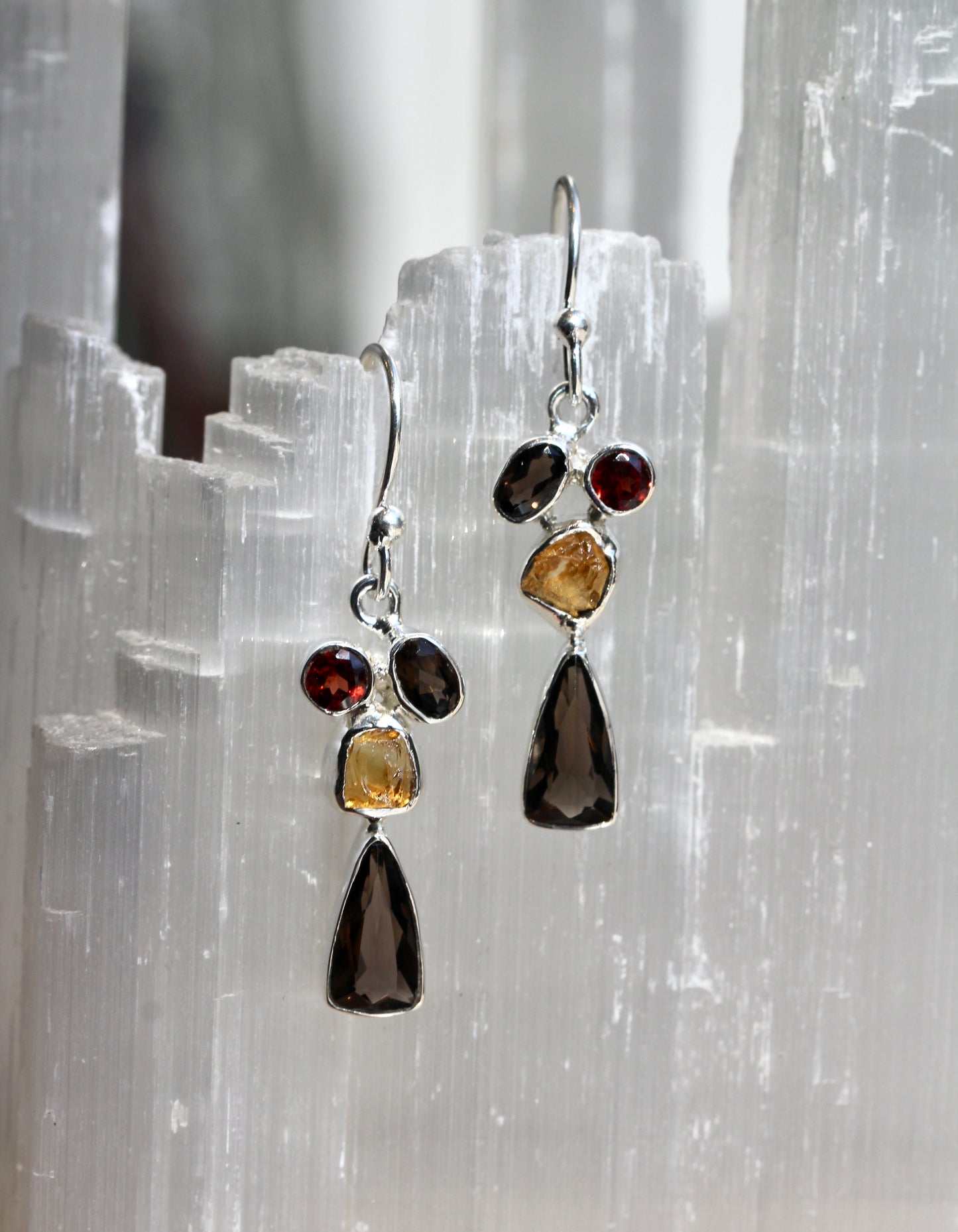 Smokey Quartz Garnet Citrine Earrings