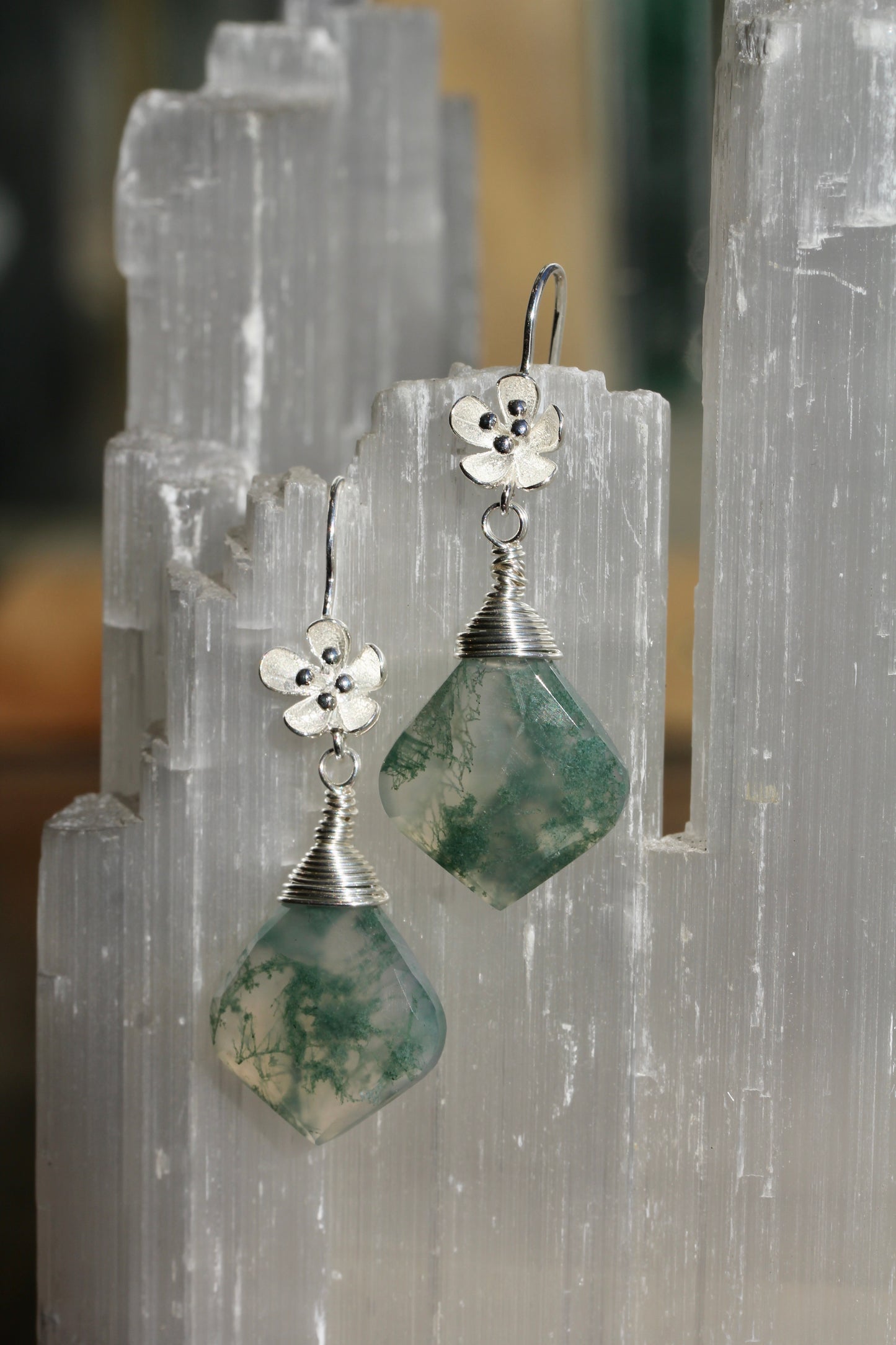 Moss Agate Flower Drop Earrings
