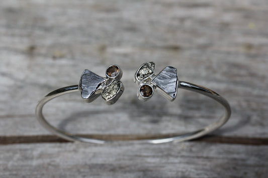 Meteorite Pyrite Smokey Quartz Silver Cuff Bracelet