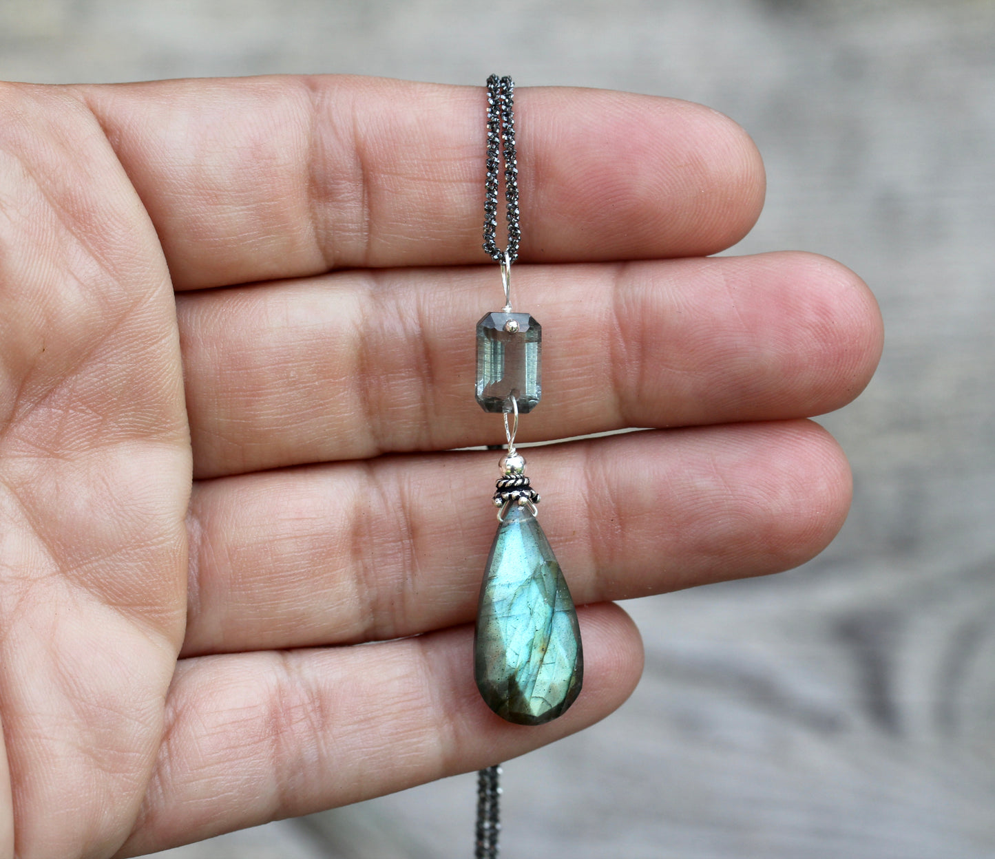 Labradorite Aquamarine Oxidized Silver Necklace