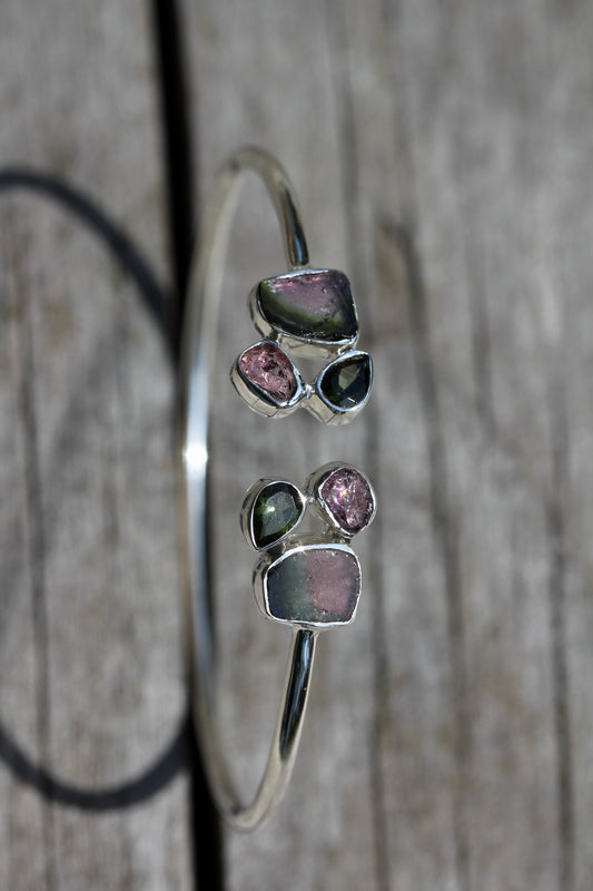 Watermelon Tourmaline Cluster Silver Bracelet
