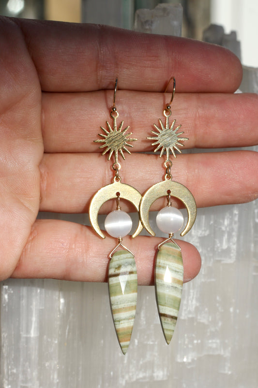 Green Opal Selenite Brass Moon and Star Earrings