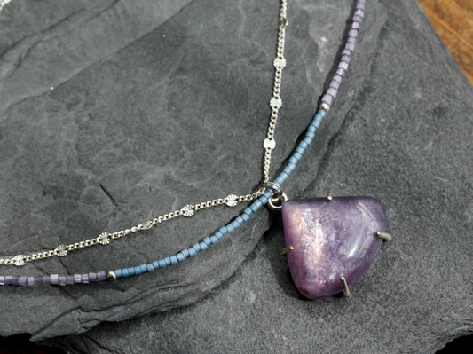 Lepidolite Beaded Silver Chain Necklace