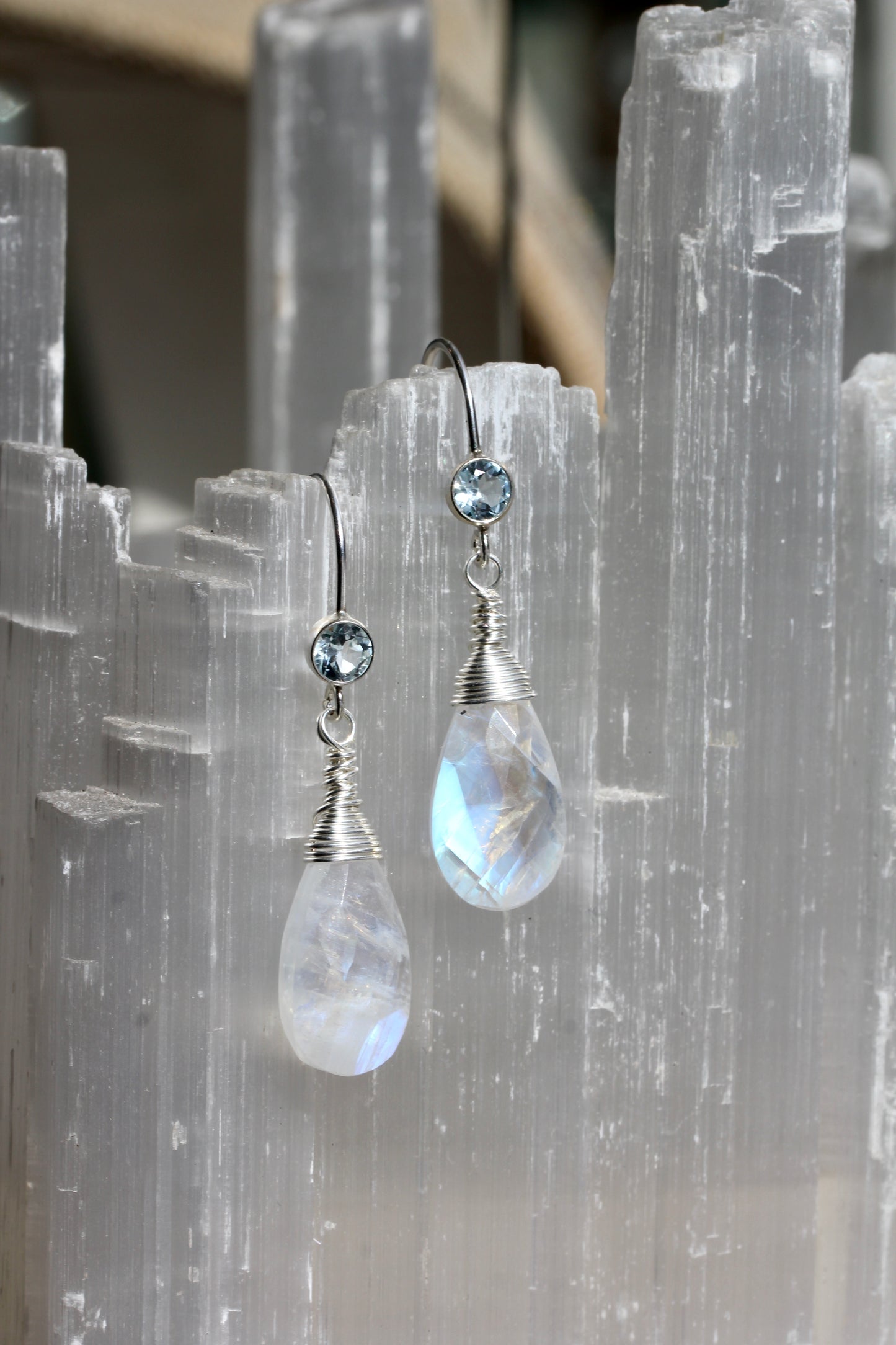 Rainbow Moonstone Blue Topaz Teardrop Earrings