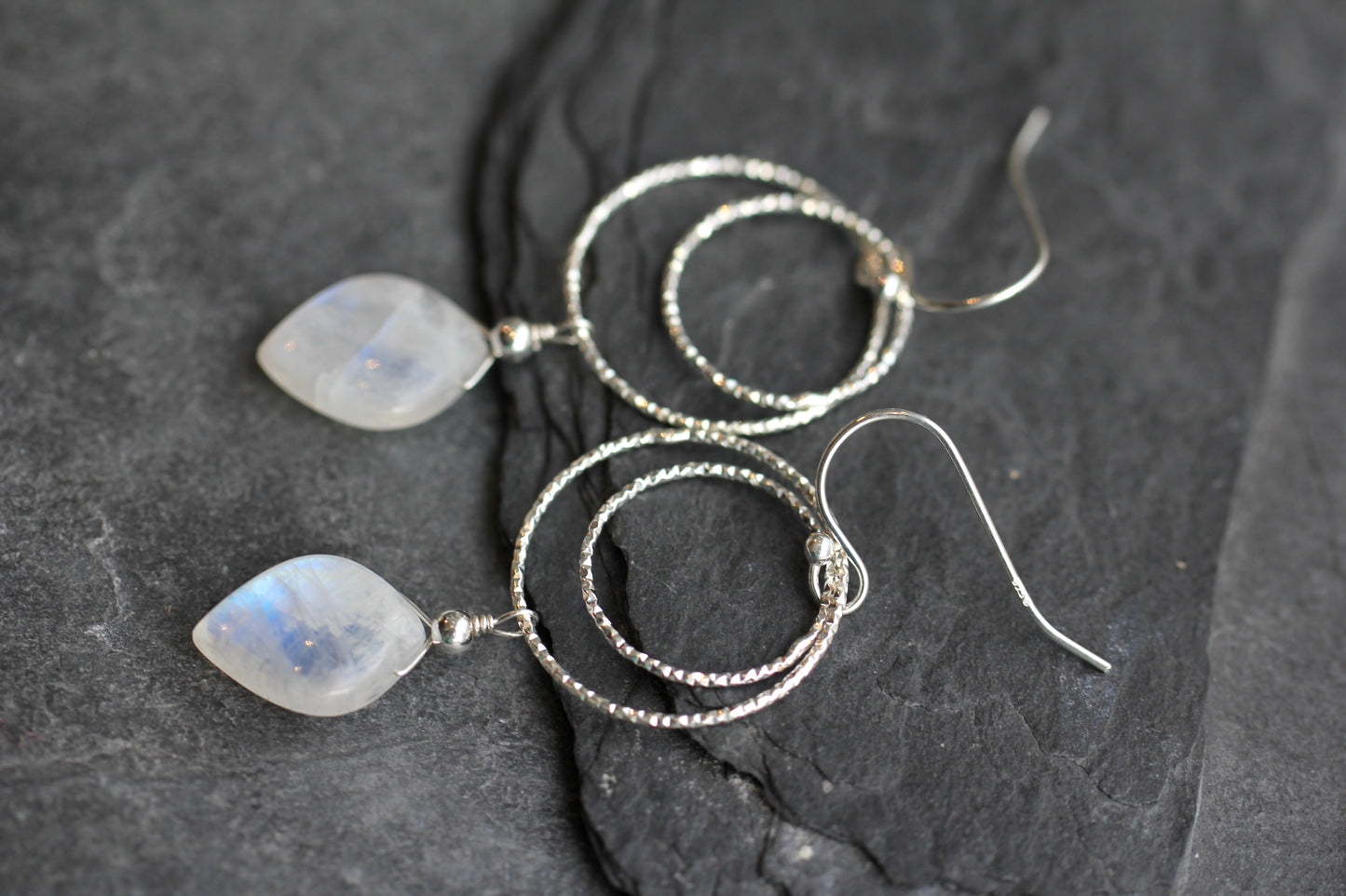 Rainbow Moonstone Double Ring Drop Earrings