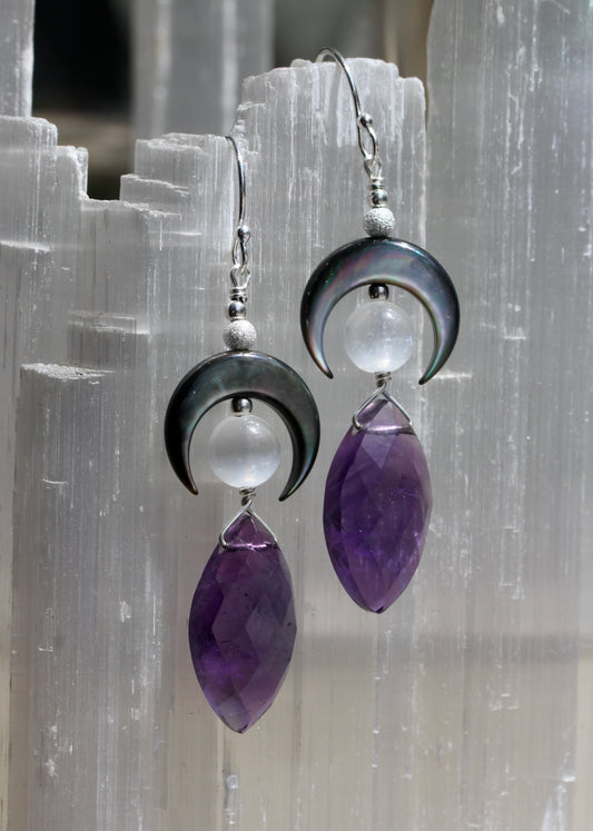 Amethyst Black Mother of Pearl Selenite Crescent Moon Earrings