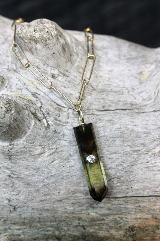 Bi Colored Smokey Quartz Crystal Gold Necklace