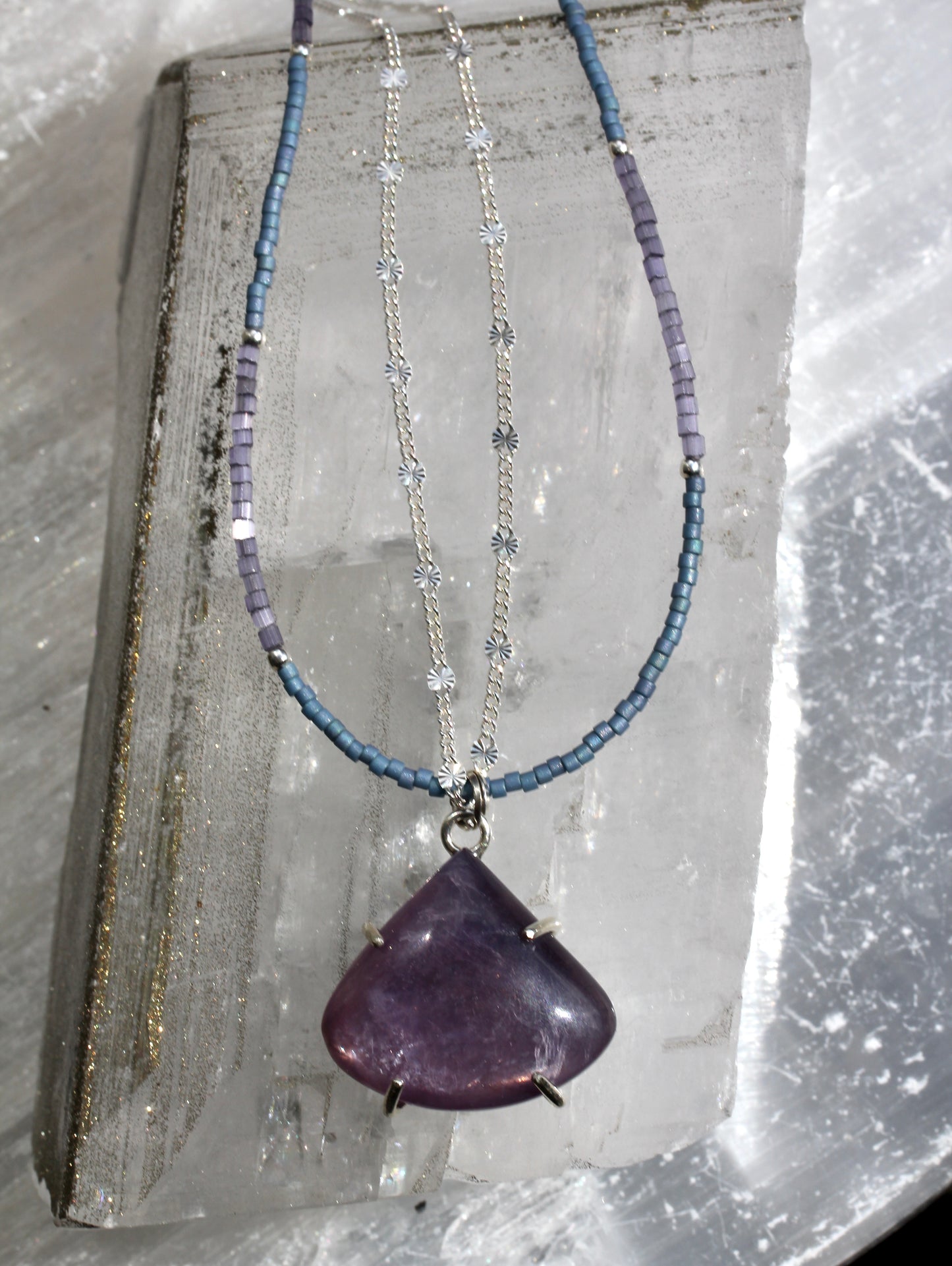 Lepidolite Beaded Silver Chain Necklace