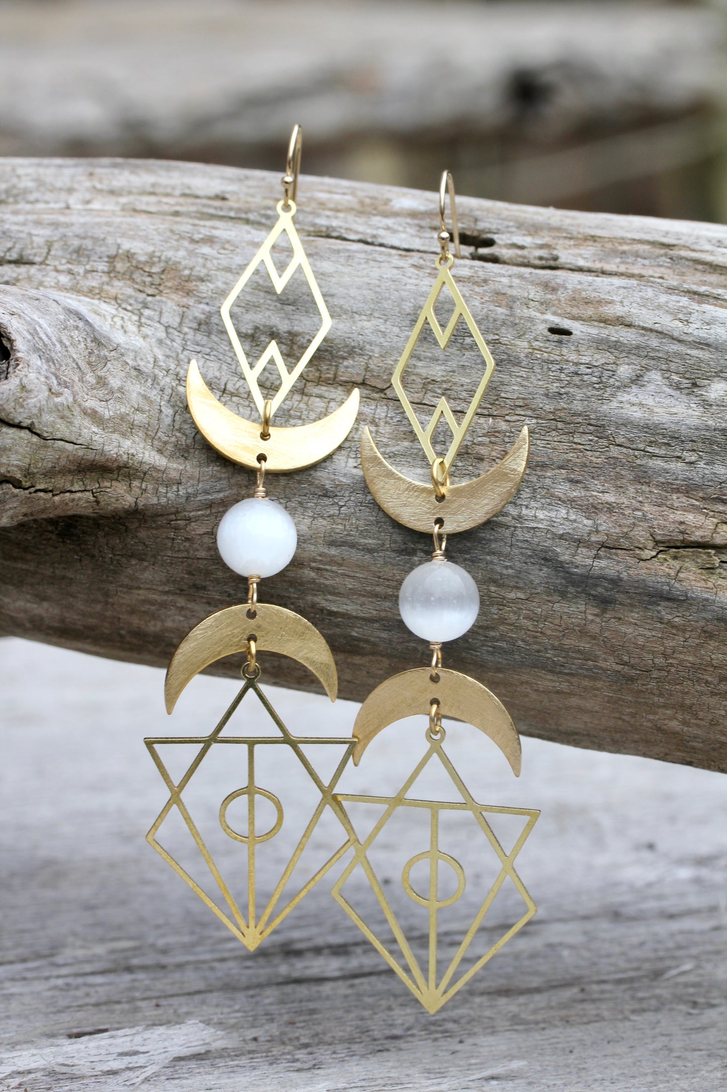 Geometric Selenite Moon Goddess Earrings