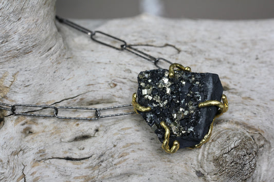 Pyrite in Basalt Black Paperclip Chain Necklace