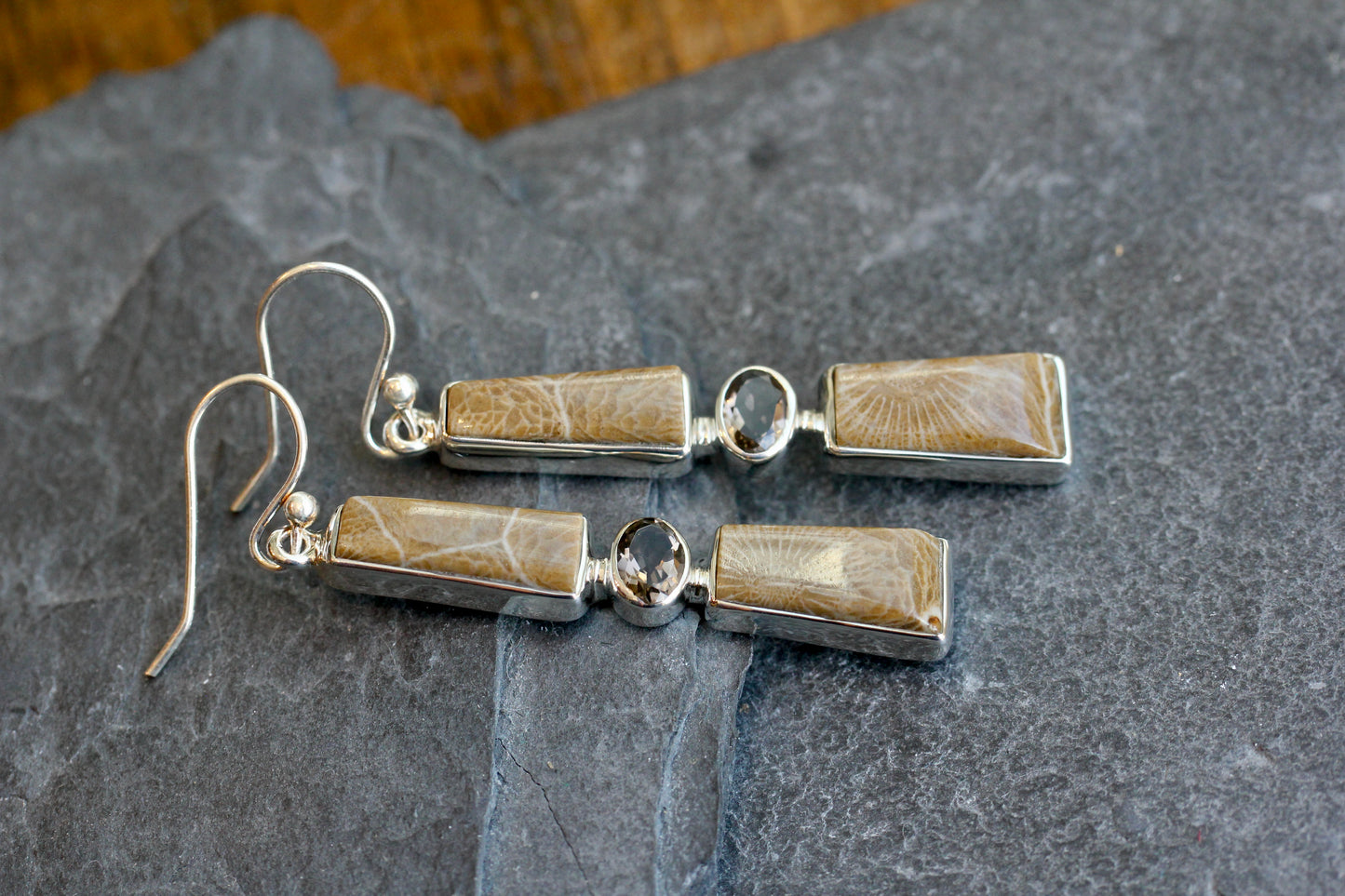 Fossil Coral Smokey Quartz Earrings