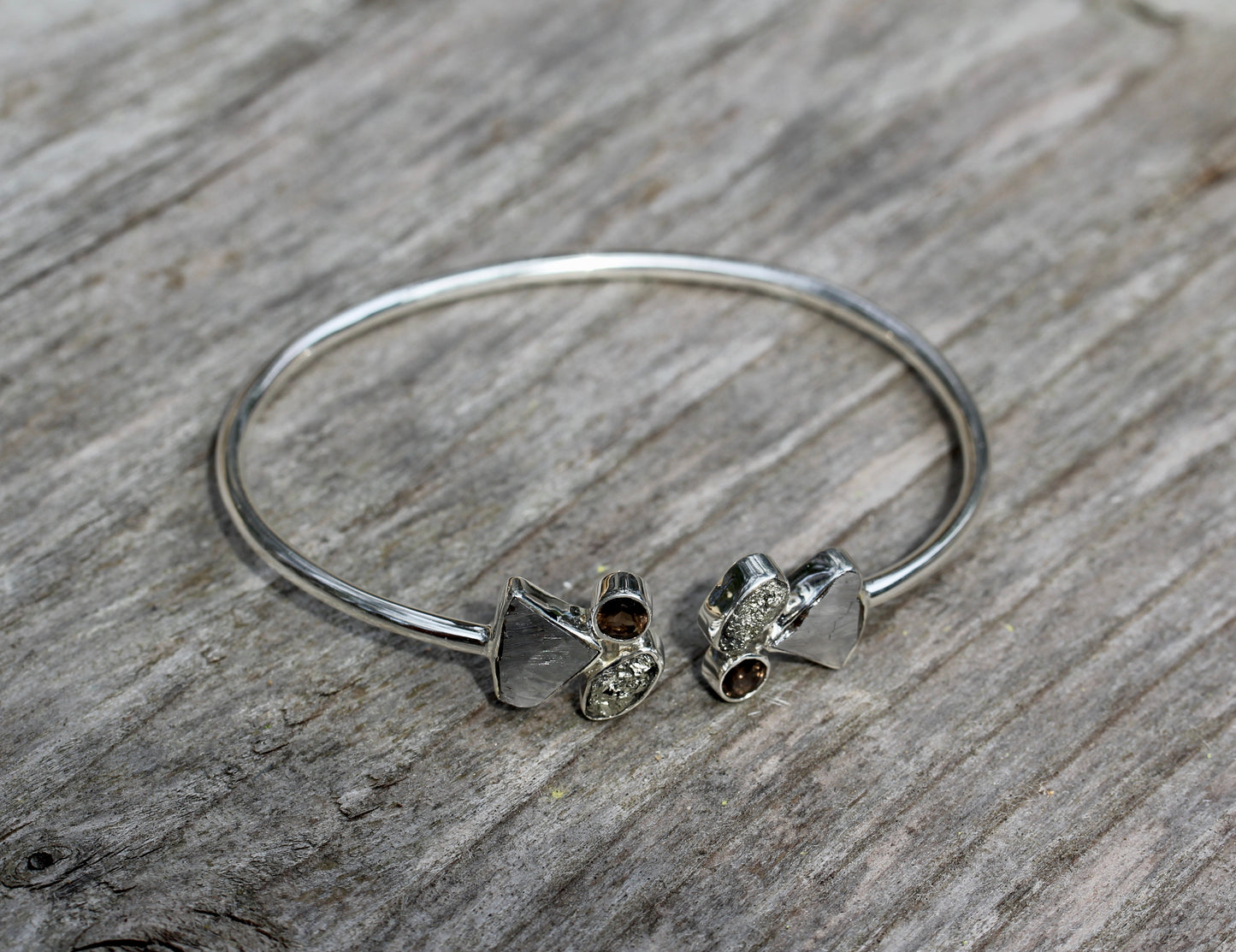 Meteorite Pyrite Smokey Quartz Silver Cuff Bracelet
